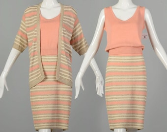 Medium 1980s St. John Set Peach Cardigan Knit Striped Skirt 3pc Ensemble