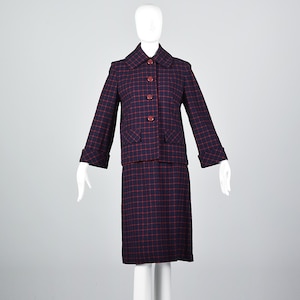 XS 1960s Skirt Suit 60s Wool Suit Navy Blue Red Windowpane Boxy Jacket Blazer Winter Suit Jackie O Vintage Wool Suit Two Piece Casual