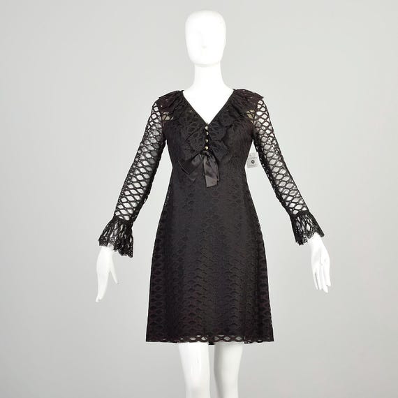 Medium 1970s Black Mini Dress Sheer Lattice Long Sleeve Ruffle Collar Rhinestone Button LBD Cocktail Dress