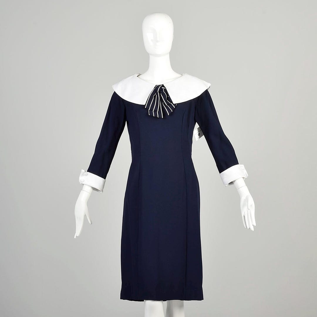 navy blue dress with white bow Large 1960s Navy Blue Dress 3/4 Sleeve French Cuffs Wide White Sailor  Collar Striped Bow Sheath Dress