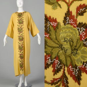 OSFM Yellow Kaftan 1970s Bohemian Floral Embroidery Fall Autumn 70s Boho Long Sleeve Maxi Dress