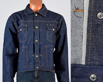 Giacca in denim di cotone con cimosa, taglia 42, NOS, da uomo, vintage, anni '70, con bottoni automatici sul davanti, impunture indaco