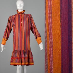 Large 1980s Striped Cotton Dress with Ruffle Trim Vintage Cotton Dress Vintage Colorful Dress 80s Shift Dress