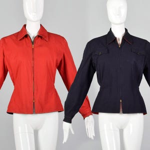 1950s Reversible Jacket Navy Blue Gabardine Red Cotton Casual Autumn Outerwear