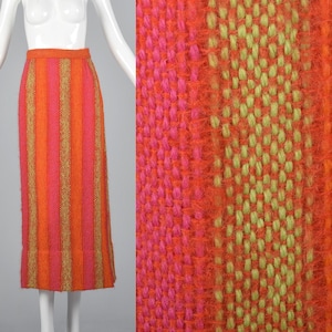 Medium 1970s Tweed Maxi Skirt 70s Hippie Maxi Skirt Boho Maxi Skirt Wool Mohair Stripe Skirt Pink Orange Winter Maxi Skirt Vintage
