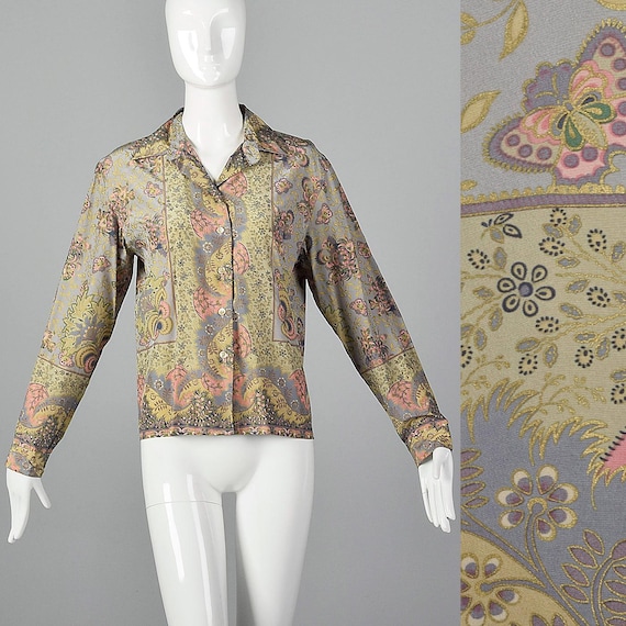 Byblos, Large Byblos Silk Blouse Grey Floral Print Butterflies Baroque Print Metallic Gold Button Up Spring Vintage 1970s Shirt