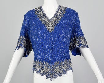 Blusa XL con cuentas, manga corta, cuentas azules plateadas, cierre de cremallera en la parte posterior, para fiesta de Año Nuevo, estilo vintage de los años 90