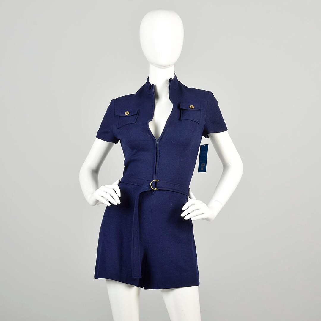 Medium 1970s Romper Micro Mini Hot Pants Navy Blue Belted Short Sleeve ...