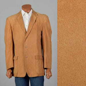 Giacca vintage autunnale anni '50 da uomo in pelle scamosciata, taglia media, con tasche applicate, spacco singolo, morbida e marrone chiaro