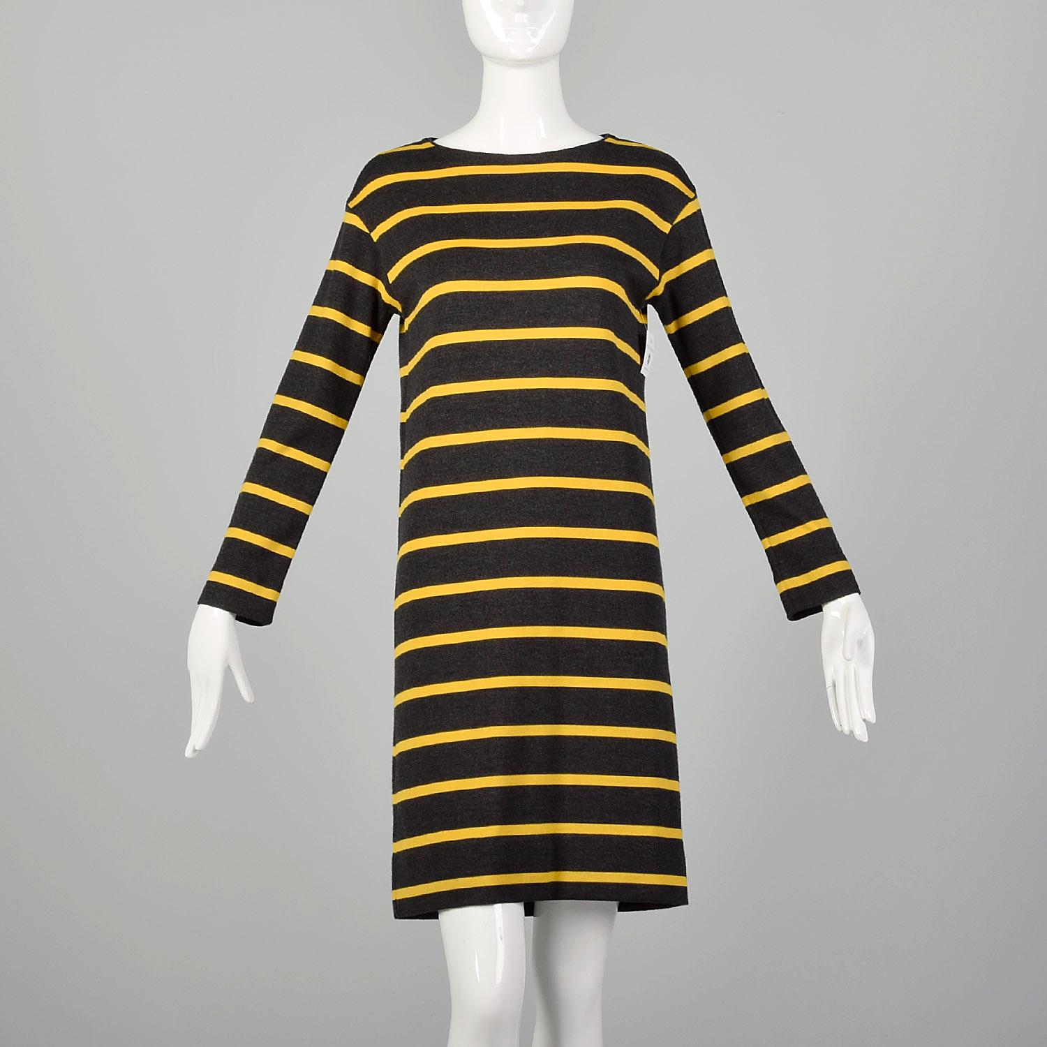 Small 1960s Goldworm Mod Dress Long Sleeve Wool Knit Gray Yellow Stripe, image size:1500x1500