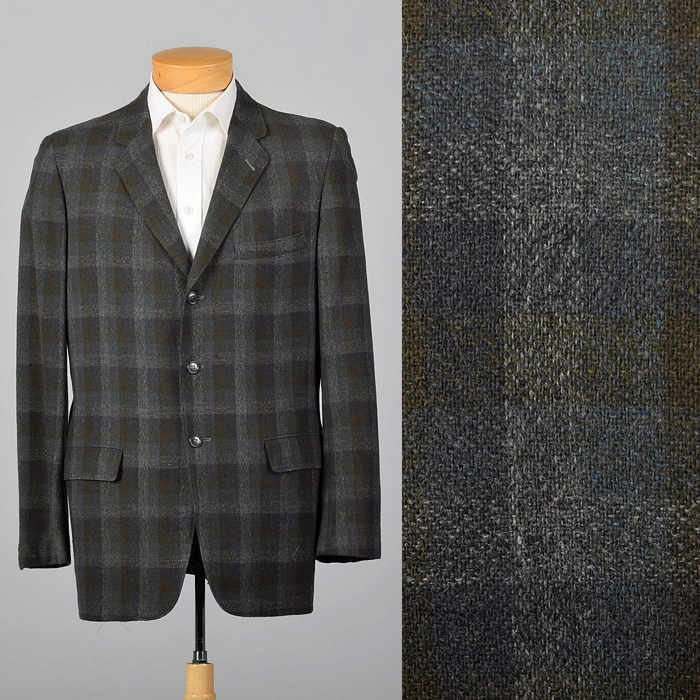 Large 41L 1970s Mens Shadow Plaid Jacket Convertible Pockets 