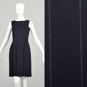 Medium  1990s Navy Blue Wool Dress Pinstripe Autumn Layering Sleeveless w/ Pockets Casual Mini Shift Dress