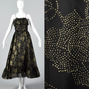 XS 1970s Black Prom Dress Long Black Dress Gold Glitter Flocking Formal Evening Wear Maxi Gown Sleeveless 70s Vintage