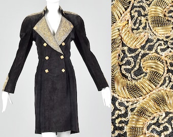 Middelgrote Michael Hoban North Beach leren jurk uit de jaren 80, zwart, met metallic gouden details, lange mouwen, vintage stijl uit de jaren 80