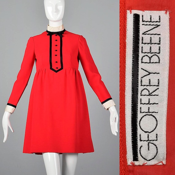Geoffrey Beene, Small 1960s Geoffrey Beene Short Dress Long Sleeves Red Wool Mini Dress Tuxedo Tuxedo Empire Waist Vintage 1960s Mod 60s Twiggy