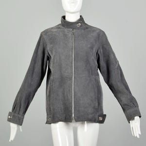 Medium 1970s Winter Jacket Zip Front Grey Suede Leather Faux Fur Lining Toggle