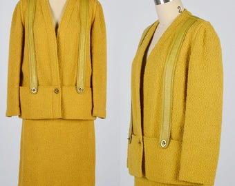 Vintage 1960s Bonnie Cashin Attributed Mustard Wool Tweed and Leather Suit Set Amazing Archival VTG 60s Designer