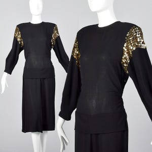 Medium 1940s Dress Black Femme Fatale Dress Large Shoulders Sequin Detail Rayon Crepe Evening Wear Cocktail Party 40s Vintage