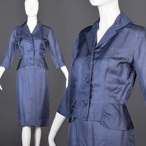 1950s Silk Skirt Suit Blue Faille Jacket Hourglass Wasp Waist Suit Fitted Tailored Peplum Jacket Blue Suit Small Med Separates