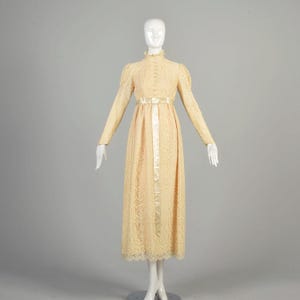 XS 1970s Marshall Fields Cream Wedding Dress Lace Overlay Ribbon Waistband High Neck Juliet Sleeve Wedding Maxi Hippie Boho Dress