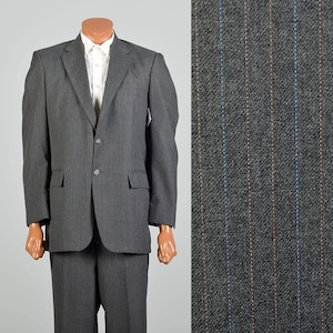 Large 1970s Striped Grey Two Piece Suit Charcoal Grey Red Blue Stripe Classic Suiting Business Professional Classic Masculine Pants Suit Set