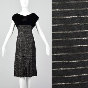 Medium 1950s Dress Black Cocktail Dress Silver Metallic Stripes Velvet Bodice Short Sleeves Evening Party 50s Vintage