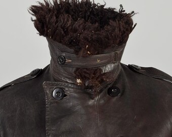 Medium Vintage 1940s Brown Leather Swedish Military Officers Coat  Distressed Character Wool Lined Shearling Fur Collar WWII War History Coat