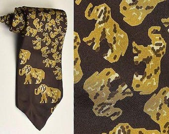 1970s Mens Necktie Tie Neck Tie Novelty Brown Silk Yellow Elephant Wildlife Conservation PETA WWF 70s Vintage
