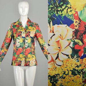 Medium 1970s Hawaiian Floral Blouse Andrade Wing Collar Long Sleeve Button Front Colorful Silky Disco Photo Print Shirt