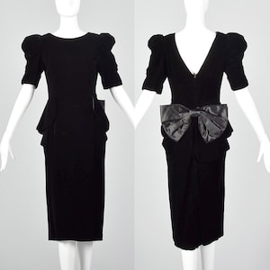 XS 1980s Black Velvet Peplum Dress 80s Does 40s Dress Vintage Velvet Dress Puff Sleeve Dress 80s Velvet Dress