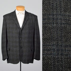 44R 1950s Plaid Tweed Jacket Three Button Jacket Convertible Flap Pockets Slim Lapels Single Vent 50s Vintage Menswear