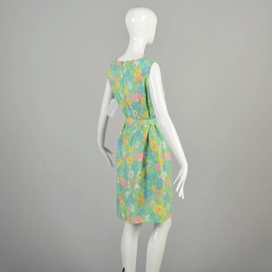 XL 1960s Spring Green Dress Pastel Floral Grass Yellow Pink Blue Sleeveless Summer Casual Colorful Shift Mini Dress image 4