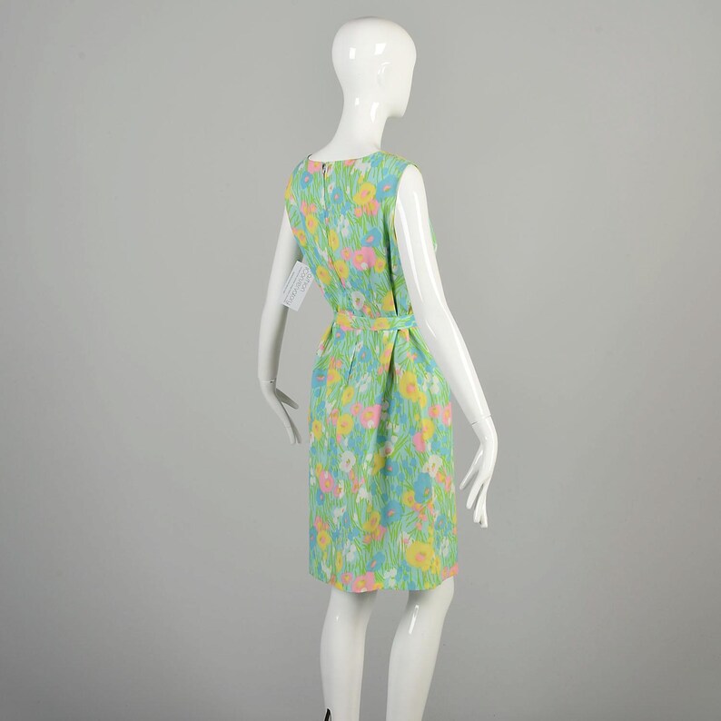 XL 1960s Spring Green Dress Pastel Floral Grass Yellow Pink Blue Sleeveless Summer Casual Colorful Shift Mini Dress image 4