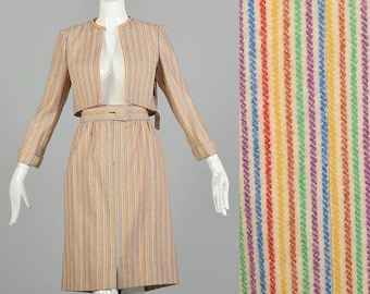 Large 1970s Vintage Pauline Trigere Skirt Suit Designer Rainbow Stripe Bolero Jacket Skirt Set