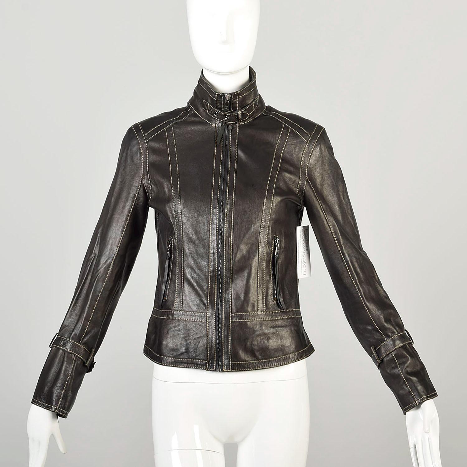 XS 2000s Jacket Black Leather With Floral Lining and White XS 2000s Jacket Black Leather With Floral Lining and White