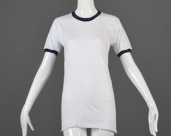 Maglietta Ringer anni '70, piccola scorta, maglietta anni '70, maglia a coste in cotone bianco blu navy