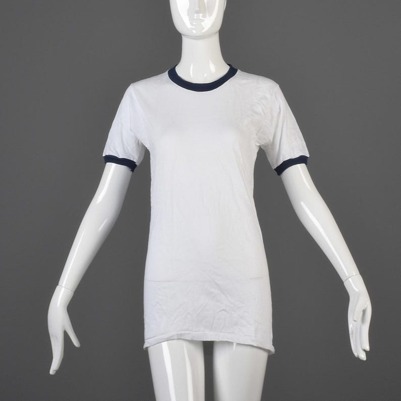 Small Deadstock 1970s Ringer Tee 70s T-Shirt TShirt White Cotton Navy Blue Ribbed Knit image 1
