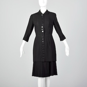 Small 1950s Black Dress with Button Up Front and Pleated Underlay