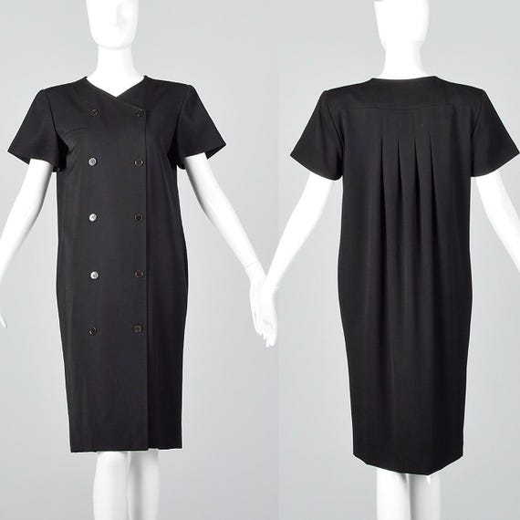 Valentino, Medium Valentino Black Sack Dress Pleated Back Double Breasted Casual Simple Vintage Dress LBD 1990s 90s Vintage