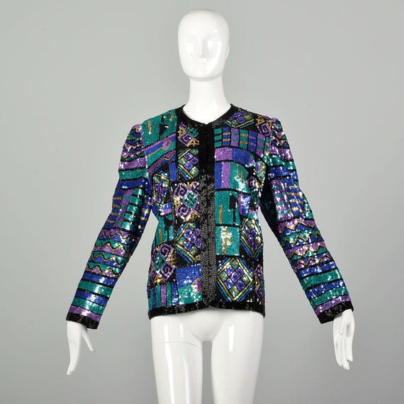 Large 1990s Color Block Sequin Jacket Geometric P… - image 1