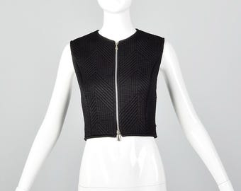 Kleine, gesteppte schwarze Weste von Claude Montana mit Prinzessnähten, mittelschwerem, seidigem Tragegefühl, komplett gefüttert, Reißverschluss vorne, Vintage-Top aus den 1980er Jahren