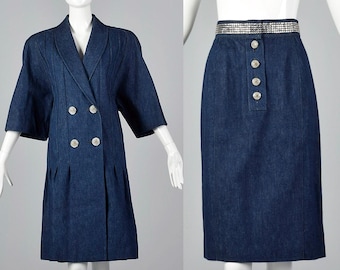 Small 1980s Galanos Denim Set Oversized Denim Jacket Pencil Skirt Rhinestone Trim Vintage Separates Dynasty Glamorous 80s Vintage