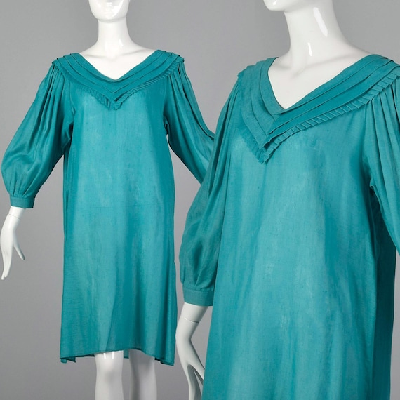 Byblos, 1980s Byblos Teal Tunic Dress Vintage Linen Dress Cotton Dress Blue Boho Dress Bohemian Summer Dress Casual