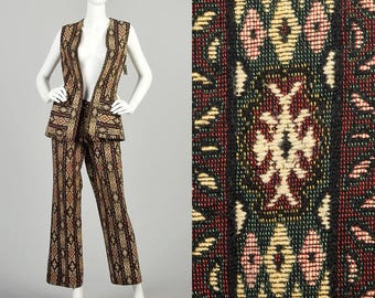 Completo anni '70 XS, tre pezzi, gonna stampata con arazzo, gilet e pantaloni, completo hippie, set da festival, boho Woodstock