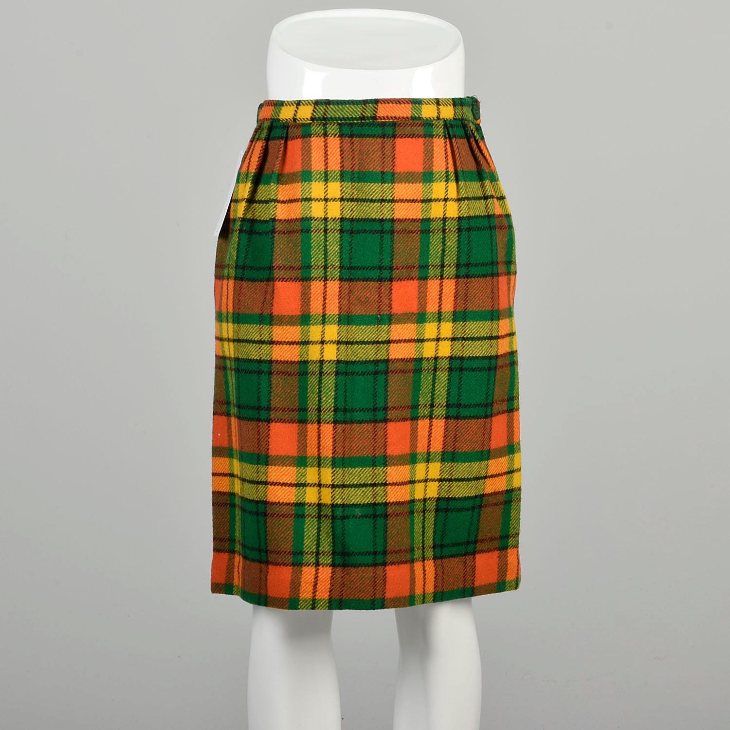 Xs Vintage 1960s Orange and Green Plaid Skirt with Matching Belt Knee Length Mod Style