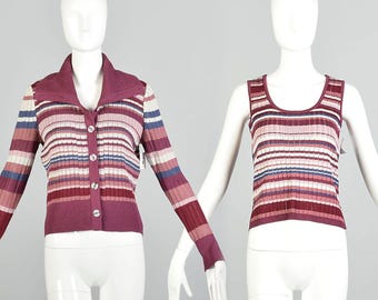 XXS 2000s St.John Sport Twinset Horizontal Stripe Cardigan Sleeveless Tank Top  Set