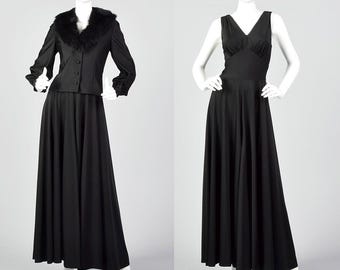 Kleiner Palazzo-Jumpsuit aus den 1970er-Jahren mit passender Jacke, Vintage-Jumpsuit in Schwarz, Jumpsuit mit weitem Bein aus den 70er-Jahren, Vintage-Jumpsuit-Set