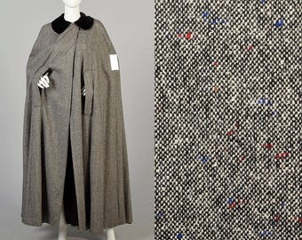 OSFM Vintage 1970s Full Length Maxi Cape Flecked Wool Tweed Cloak Velvet Collar