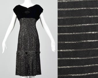 ミディアム 1950年代 ドレス ブラック カクテルドレス シルバー メタリック ストライプ ベルベット ボディス 半袖 イブニングパーティー 50年代 ヴィンテージ