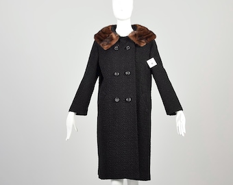 Abrigo de invierno cruzado con cuello de piel de visón auténtica, negro, años 60, XL